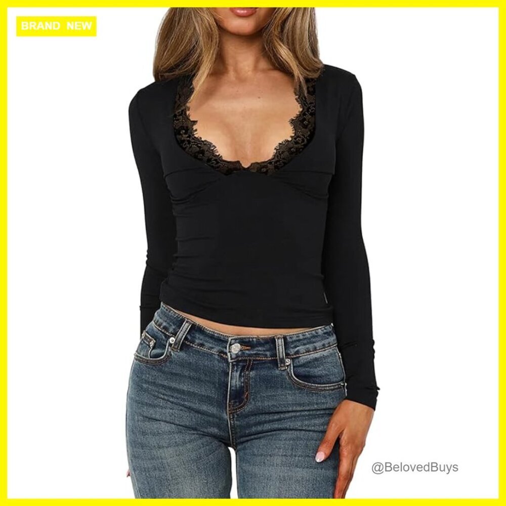 Long Sleeve V-Neck Crop Top Lace Trim Slim Fit T-Shirt Blouse